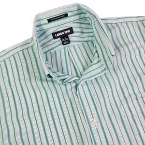 Lands' End Button Front Shirt Men's 16 - 34 Green Striped‎ No Iron Supima Dress